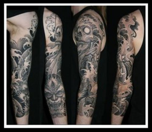 Grey Ink Japanese Dragon Sleeve Tattoo