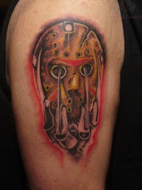 Jason Mask And Fressy Claw Tattoo On Bicep