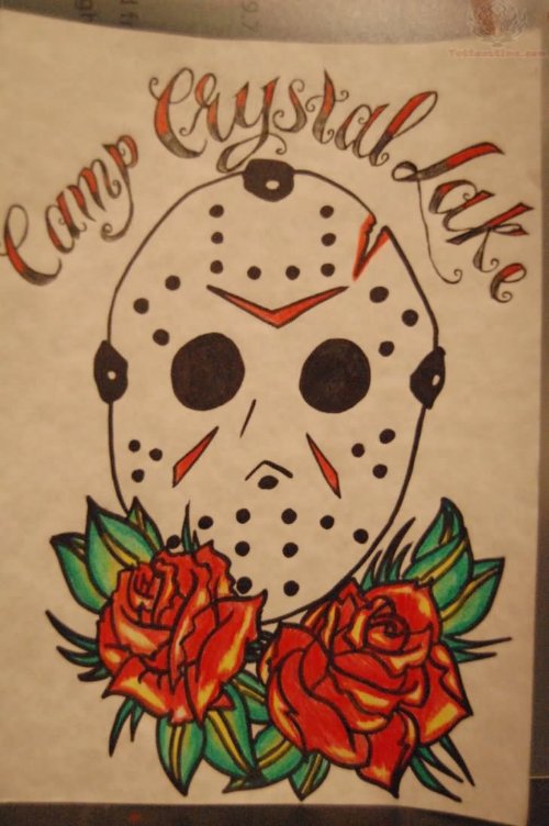 Jason Mask And Red Roses Tattoo Design