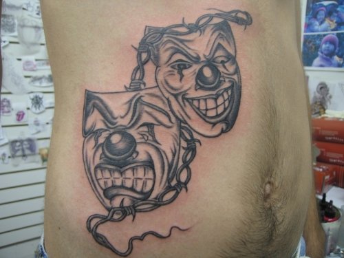 Two Joker Masks Jester Tattoos On Hip