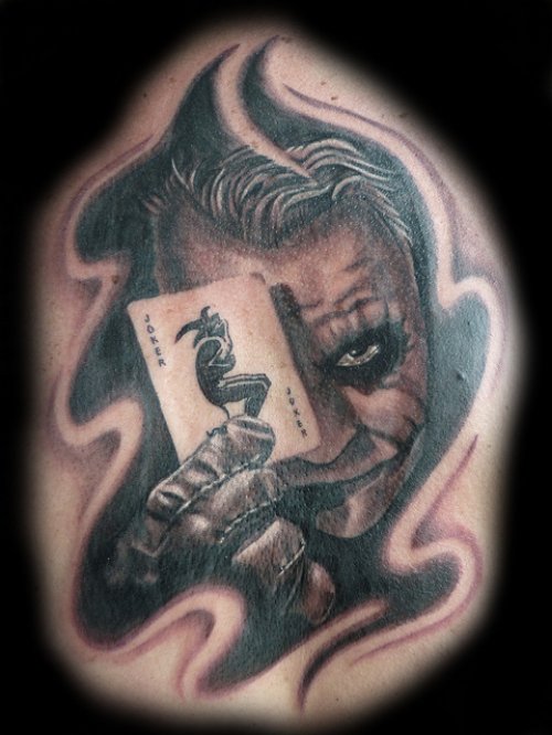 Dark Ink Jester With Card Tattoo Design