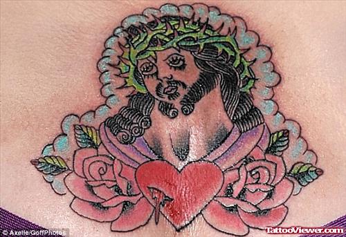 Red Heart And Rose Flowers Jesus Christ Tattoo