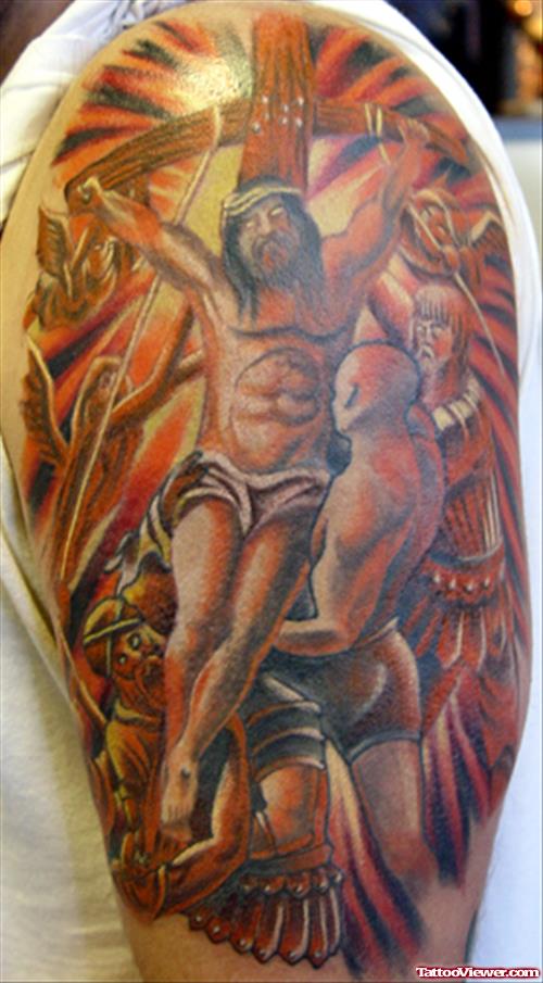Jesus Tattoo On Man Sleeve