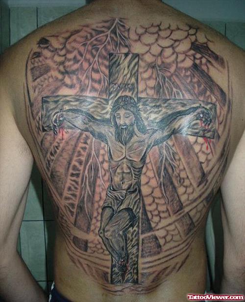 Grey Ink Large Cross And Jesus Tattoo On Back