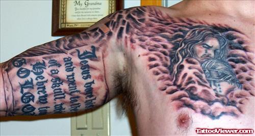 Grey Ink Jesus Tattoo On Man Chest