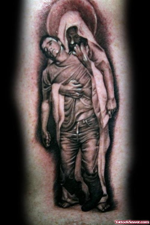 Grey Ink Jesus Save Guy Tattoo