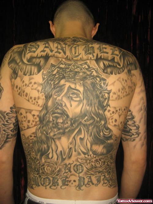 Grey Ink Jesus Head Tattoo On Man Back Body