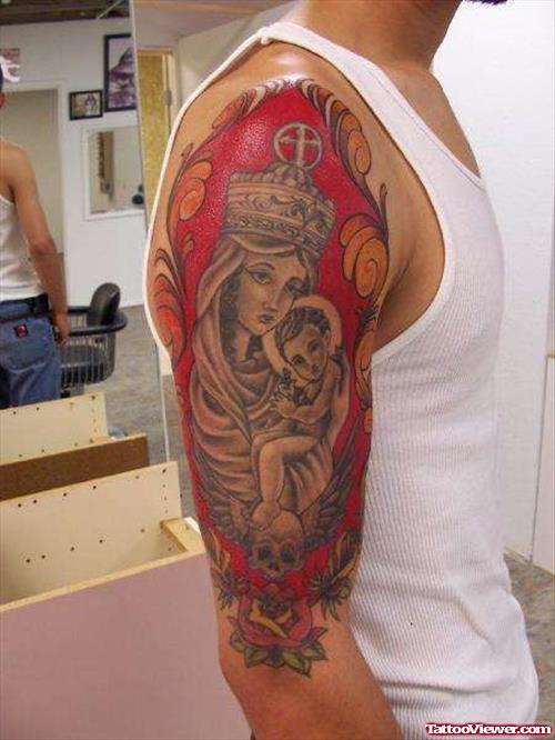 Baby Jesus With Mother Mary Tattoo On Right Half Sleeve