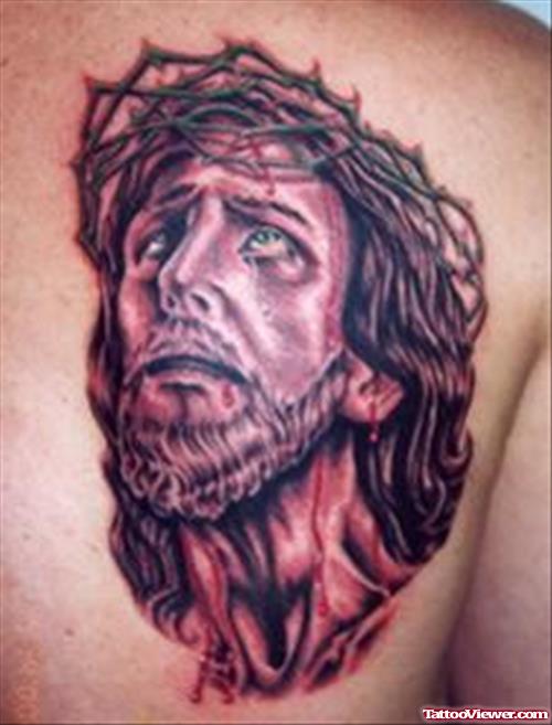 Amazing Grey Ink Jesus Head Tattoo On Right Back Shoulder