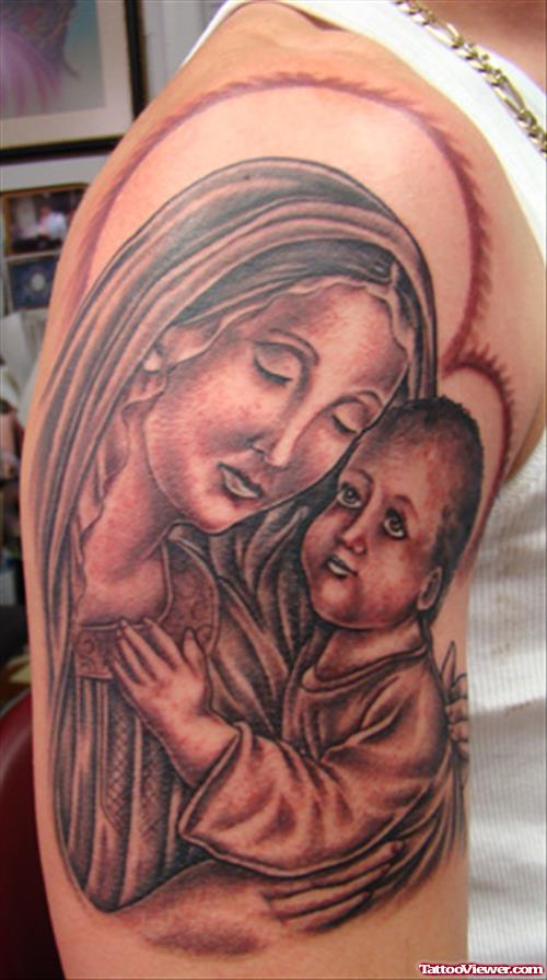 Mary With Jesus Tattoo On Half Sleeve