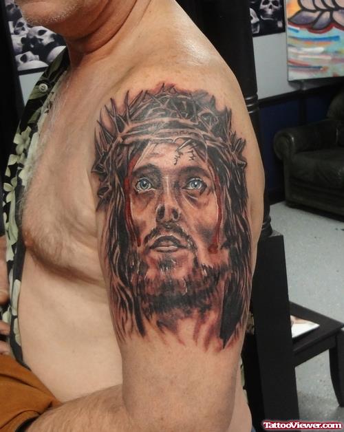 Man Left Shoulder Jesus Tattoo