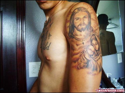 Left Half Sleeve Jesus Tattoo For Men