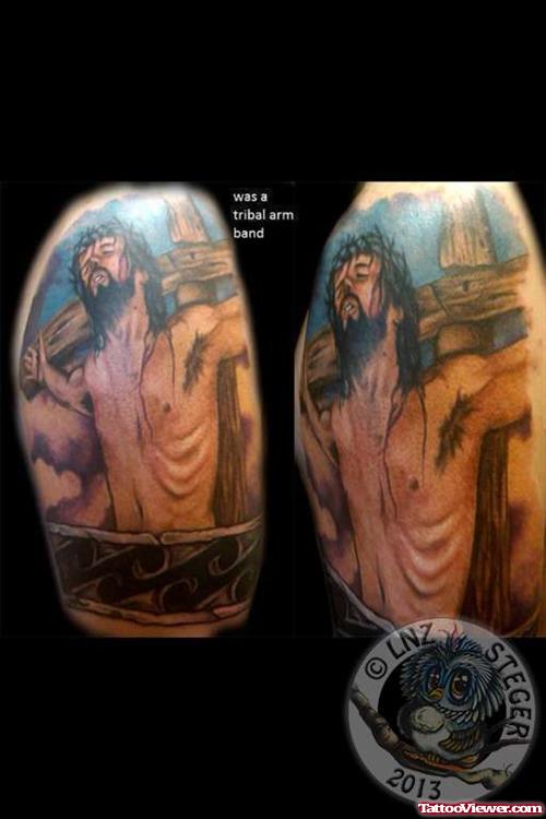 Jesus Tattoo On Man Right Shoulder