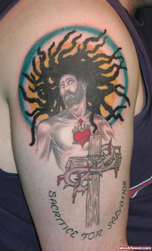 Cross And Jesus Tattoo On Right Half Sleeve
