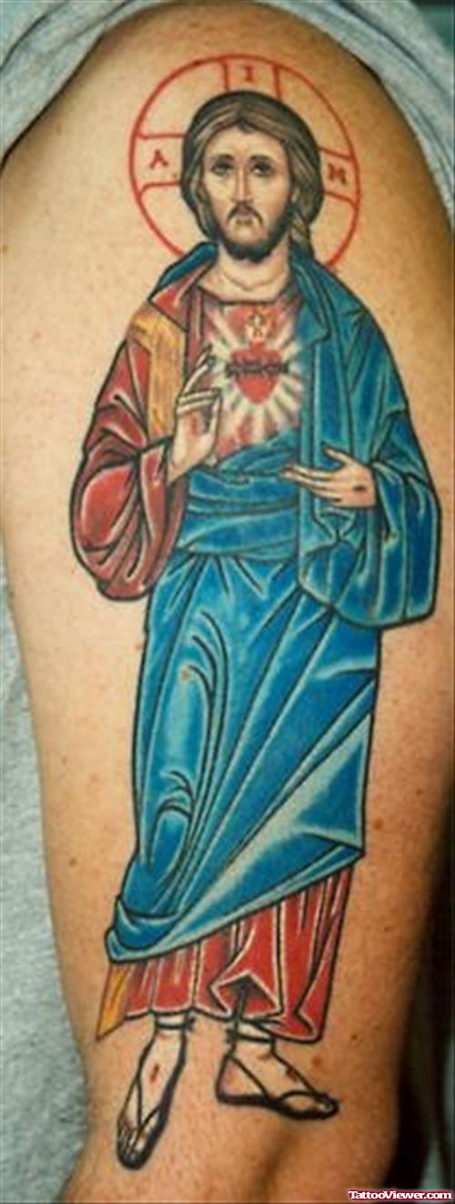 Colored Ink Jesus Tattoo On Left Sleeve