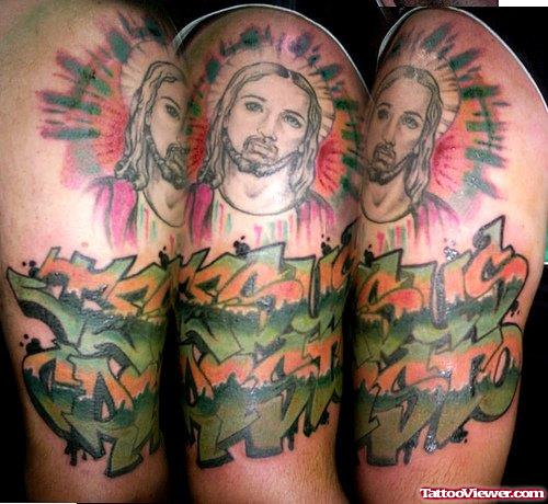 Color Ink Jesus Tattoo On Half Sleeve
