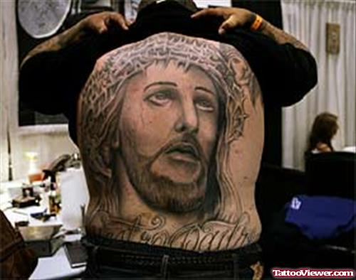 Awesome Grey Ink Jesus Tattoo On Man Back