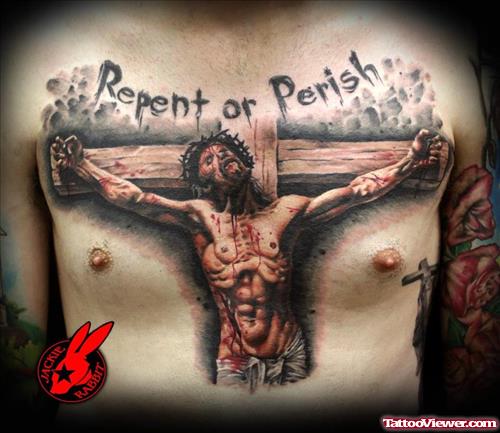 Attractive Jesus With Cross Tattoo On Man Chest