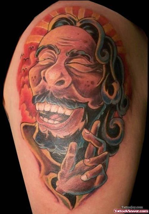 Smiling Jesus Tattoo On Shoulder