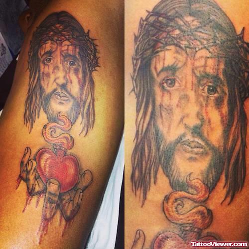 Red Sacred Heart and Jesus Head Tattoo
