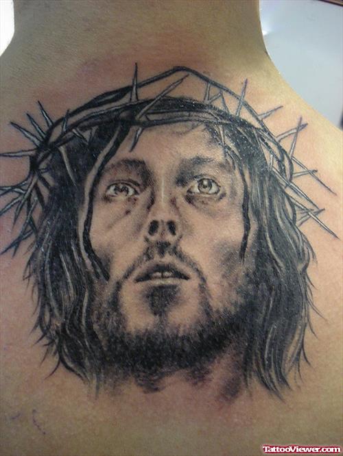 Realistic Jesus Tattoo On Man Upperback