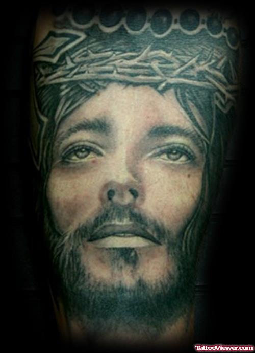 Grey Ink Jesus Tattoo Design On Sleeve