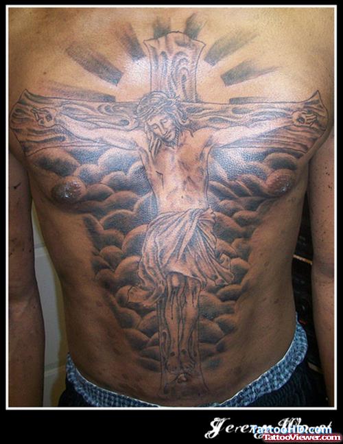 Cross And Jesus Tattoo On Man Body