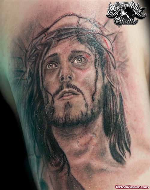 Crazy Grey Ink Jesus Tattoo On Right Half Sleeve