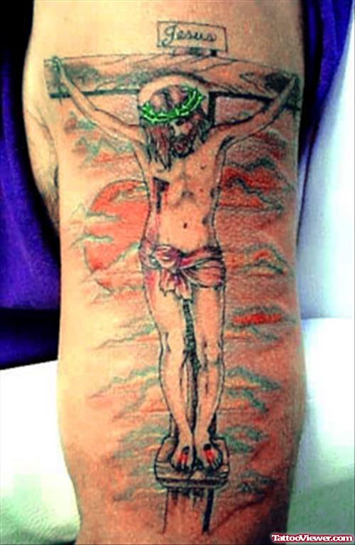 Color Jesus Tattoo On Half Sleeve