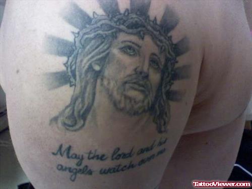 Awful Jesus Head Tattoo On Shoulder