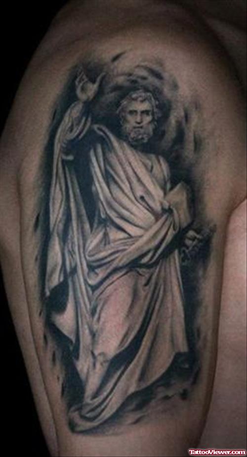 Awful Grey Ink Jesus Tattoo On Right Half SLeeve