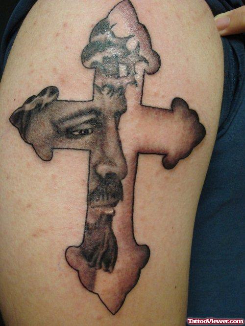 Awesome Cross And Jesus Tattoo On Half Sleeve