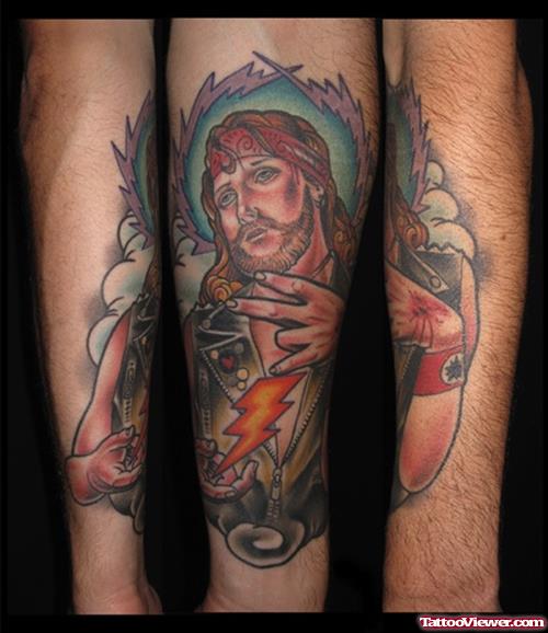 Attractive Jesus Tattoo On Sleeve