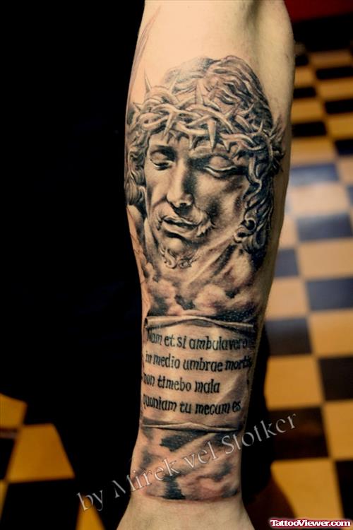Attractive Grey Ink Jesus Head Tattoo On Left Arm