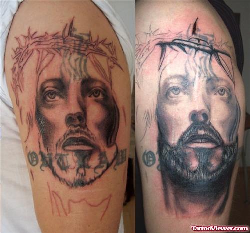 Amazing Jesus Head Tattoos On Shoulders