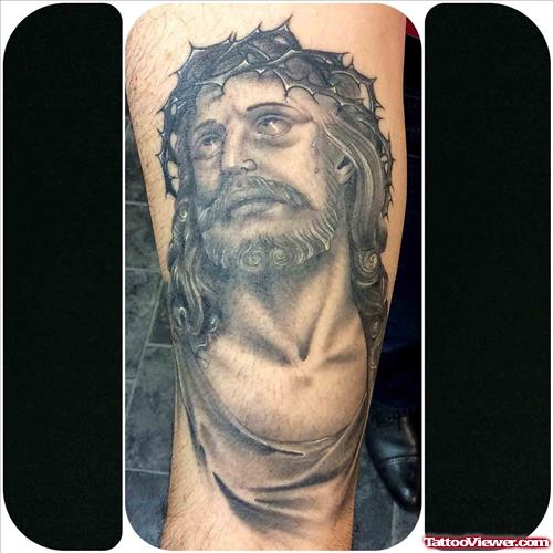Amazing Grey Ink Jesus Tattoo On Full Sleeve