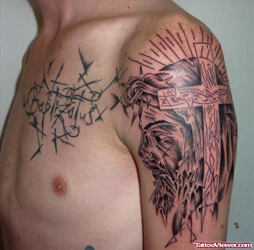 Tribal cross and Jesus Face Tattoo On Left Shoulder
