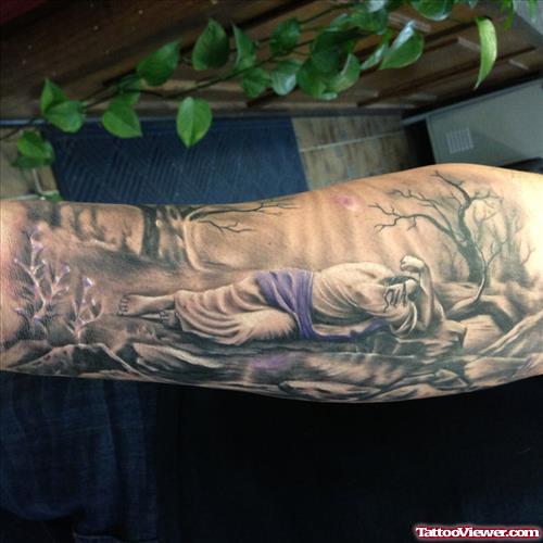 Realistic Grey Ink Jesus Tattoo On Sleeve