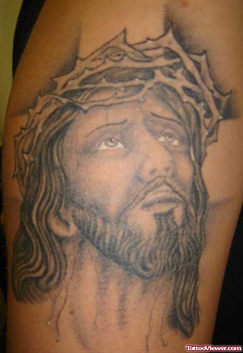Man Right Shoulder Jesus Head Tattoo