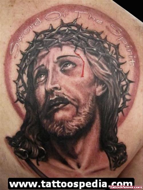 Jesus Tattoo On Right BAck Shoulder