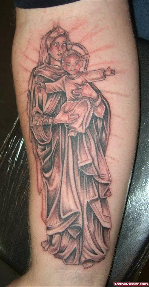 Grey Ink Religious Mother Mary With Jesus Tattoo