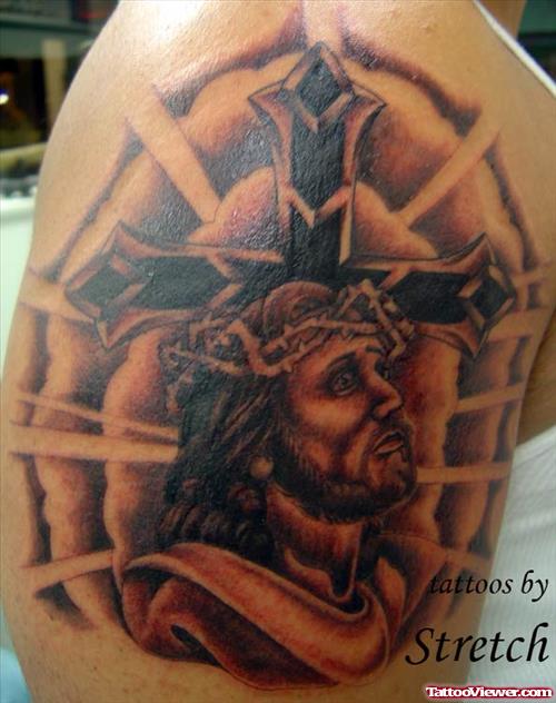 Grey Ink cross And Jesus Tattoo On Right SHoulder