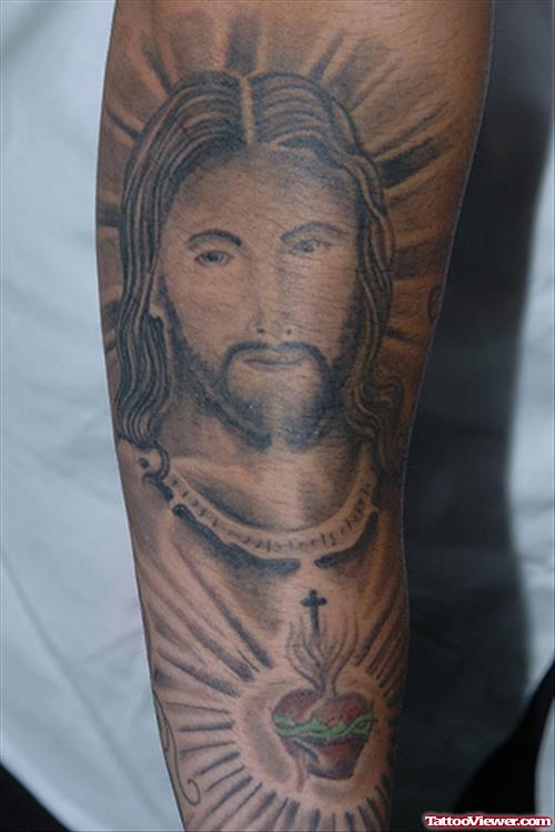 Color Heart And Jesus Tattoo On Half Sleeve