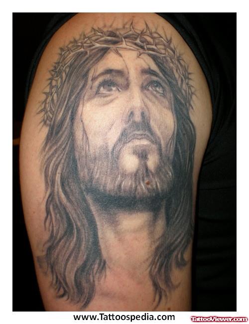 Best Grey Ink Jesus Tattoo On Right Half Sleeve