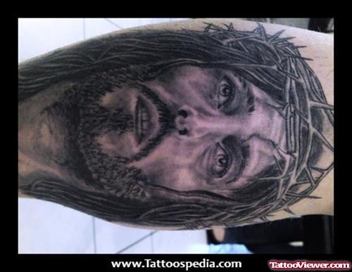Amazing Grey Ink Jesus Head Tattoo