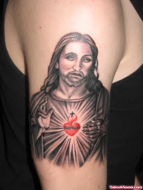 Red Heart And Jesus Tattoo On Right Half Sleeve