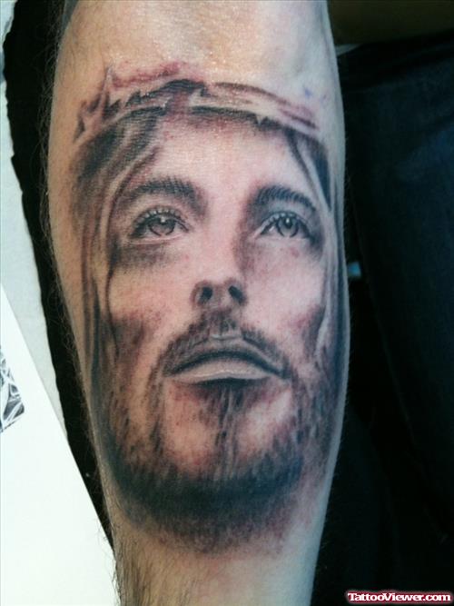 Realistic Jesus Head Tattoo On Arm