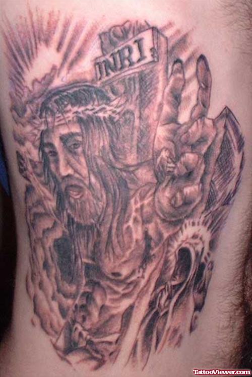 Jesus Tattoo On Man Right Side Rib