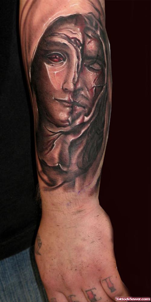 Jesus Mother Mary Tattoo On Left Arm