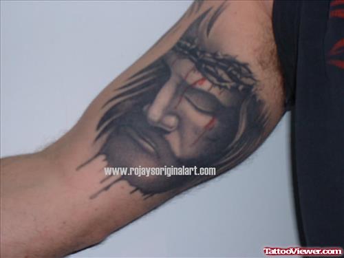 Inner Bicep Grey Ink Jesus Tattoo